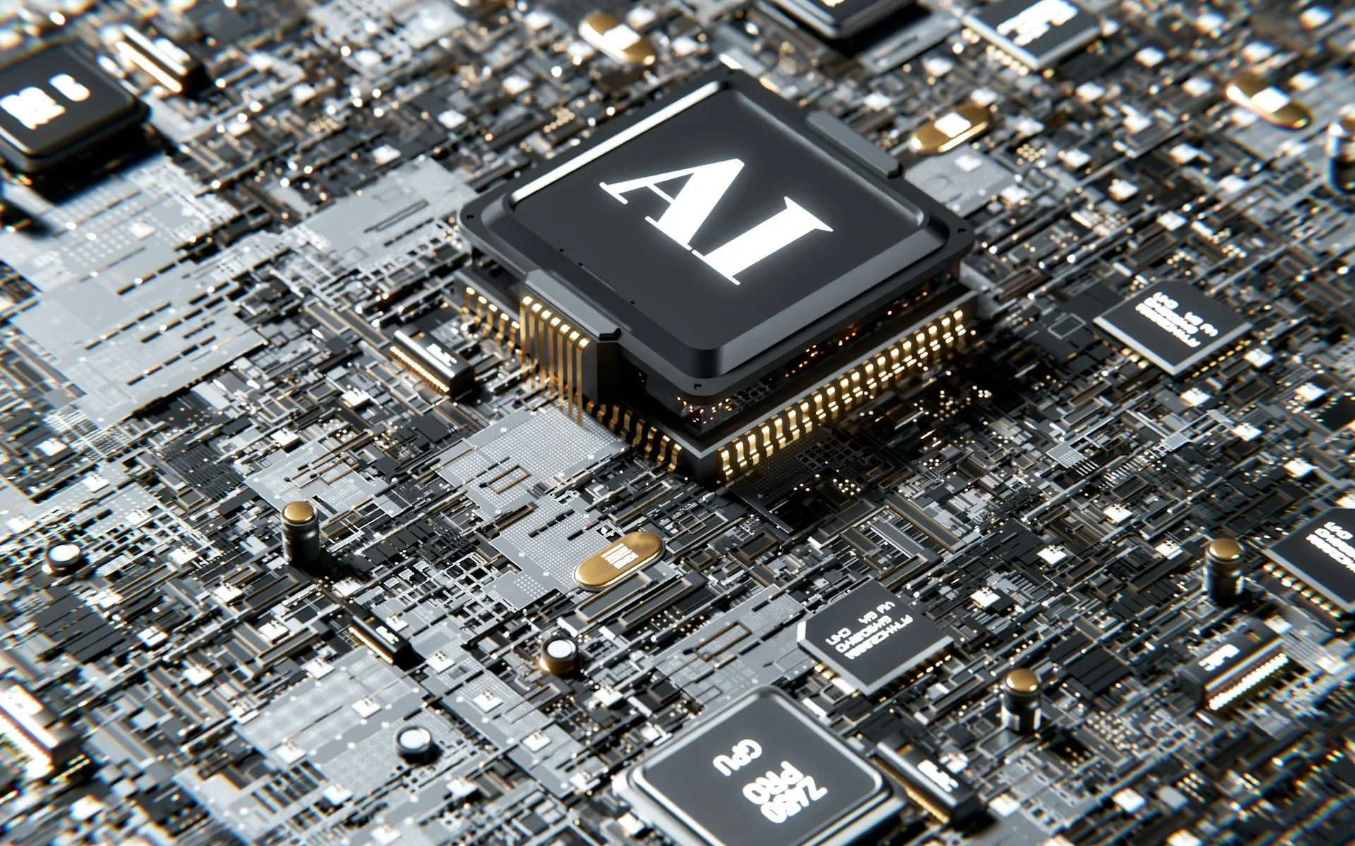 Close-up of a computer chip labeled AI mounted on a circuit board, representing AI-powered web development