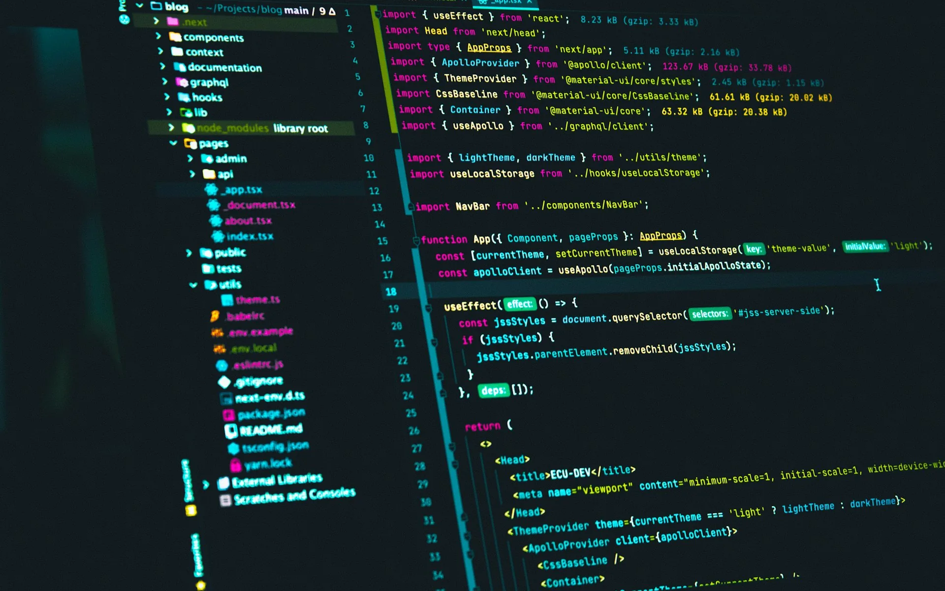Code editor displaying React source code, representing the choice between React and Next.js