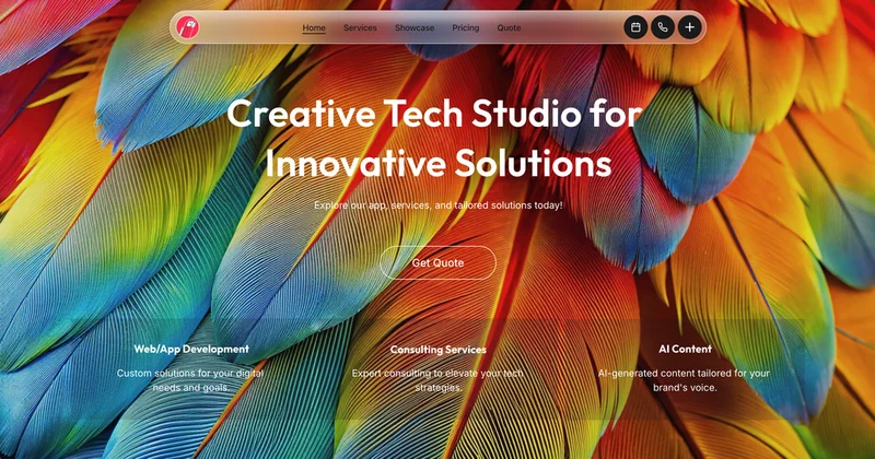 Creative tech studio website with a colorful feather background and a Get Quote button