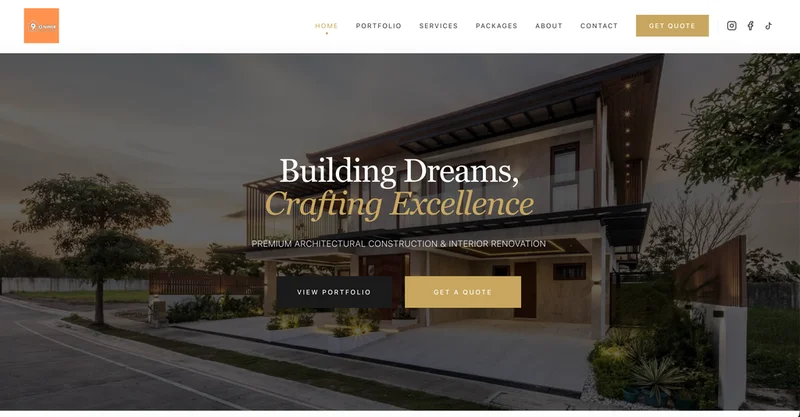 Architectural construction and interior renovation website featuring a modern home at dusk