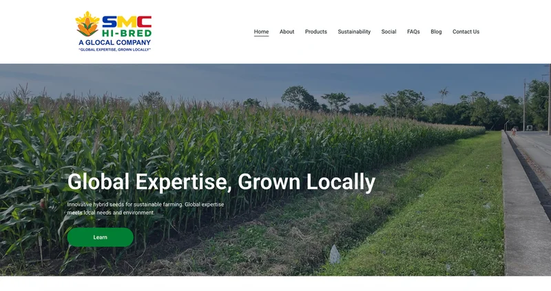 SMC Hi-Bred agricultural company website with a cornfield and the headline Global Expertise, Grown Locally