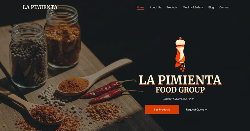 La Pimienta Food Group website with spices and chili peppers on a wooden board