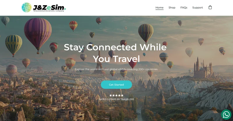 J&Z eSim travel eSIM store website with hot air balloons over a scenic valley
