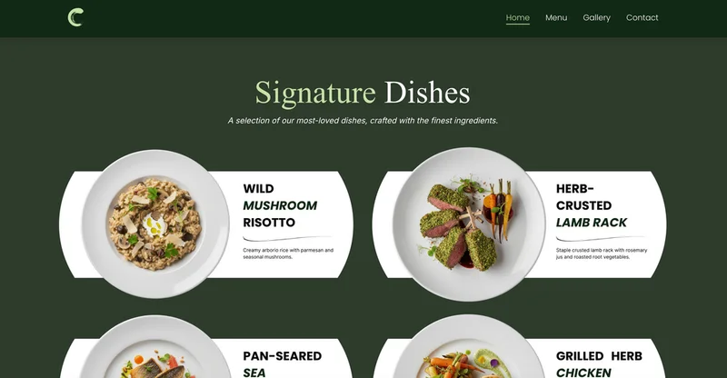 Restaurant website Signature Dishes section with plated entrees on a dark green background