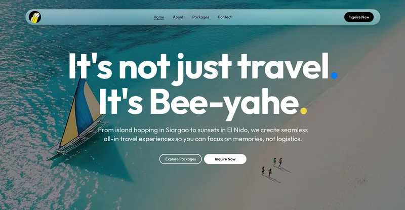 Travel agency website with an aerial beach view and the headline It's not just travel. It's Bee-yahe.